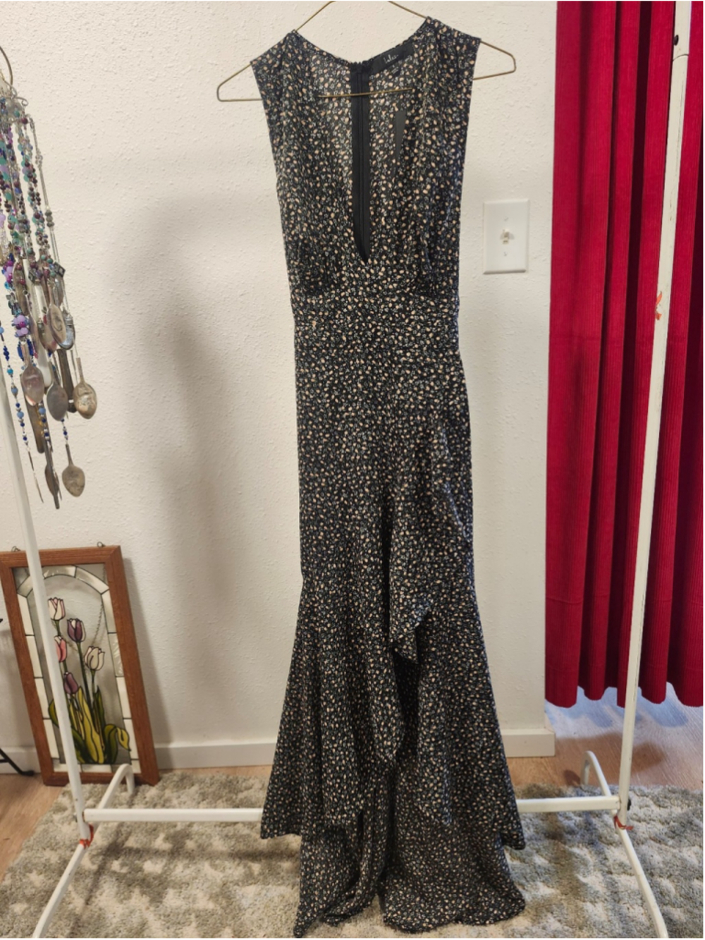 New Lulus Small Black Floral Print Ruffled Faux Wrap Midi Dress